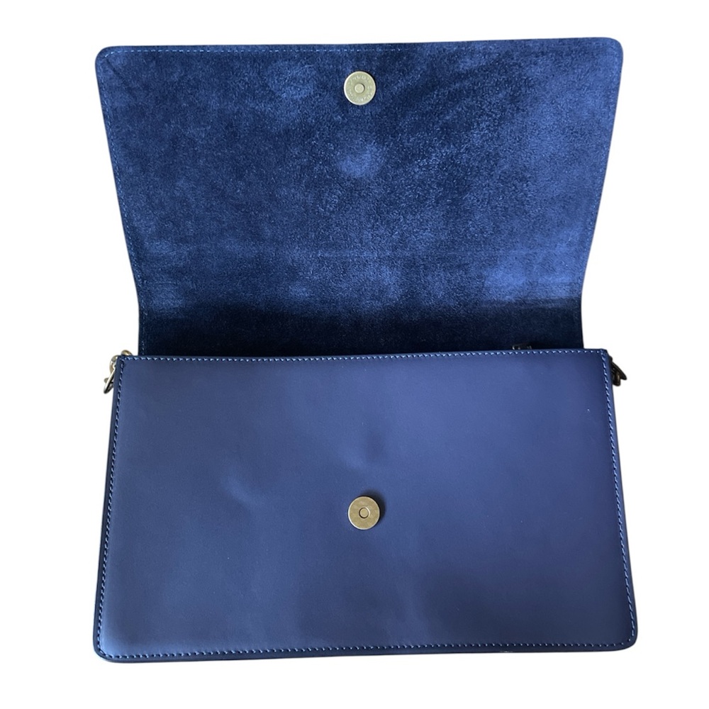 Viola Castellani Italy Navy Blue Leather Flap Over Gold Chain Clutch Purse - Picture 6 of 7